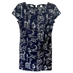 Talbots Graphic Print Midi Dress Women's 4 Navy White Cap Sleeve Ruffle‎ Hem EUC